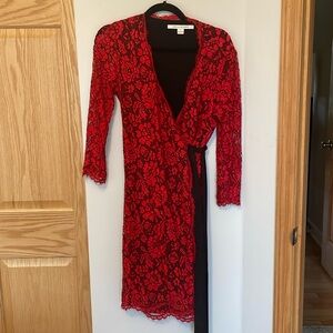 DVF red lace wrap dress